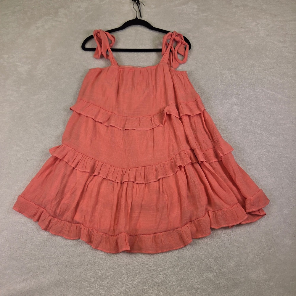 Hyfve Coral Pink Tiered Ruffle Mini Dress Tie Shoulder Boho Summer L